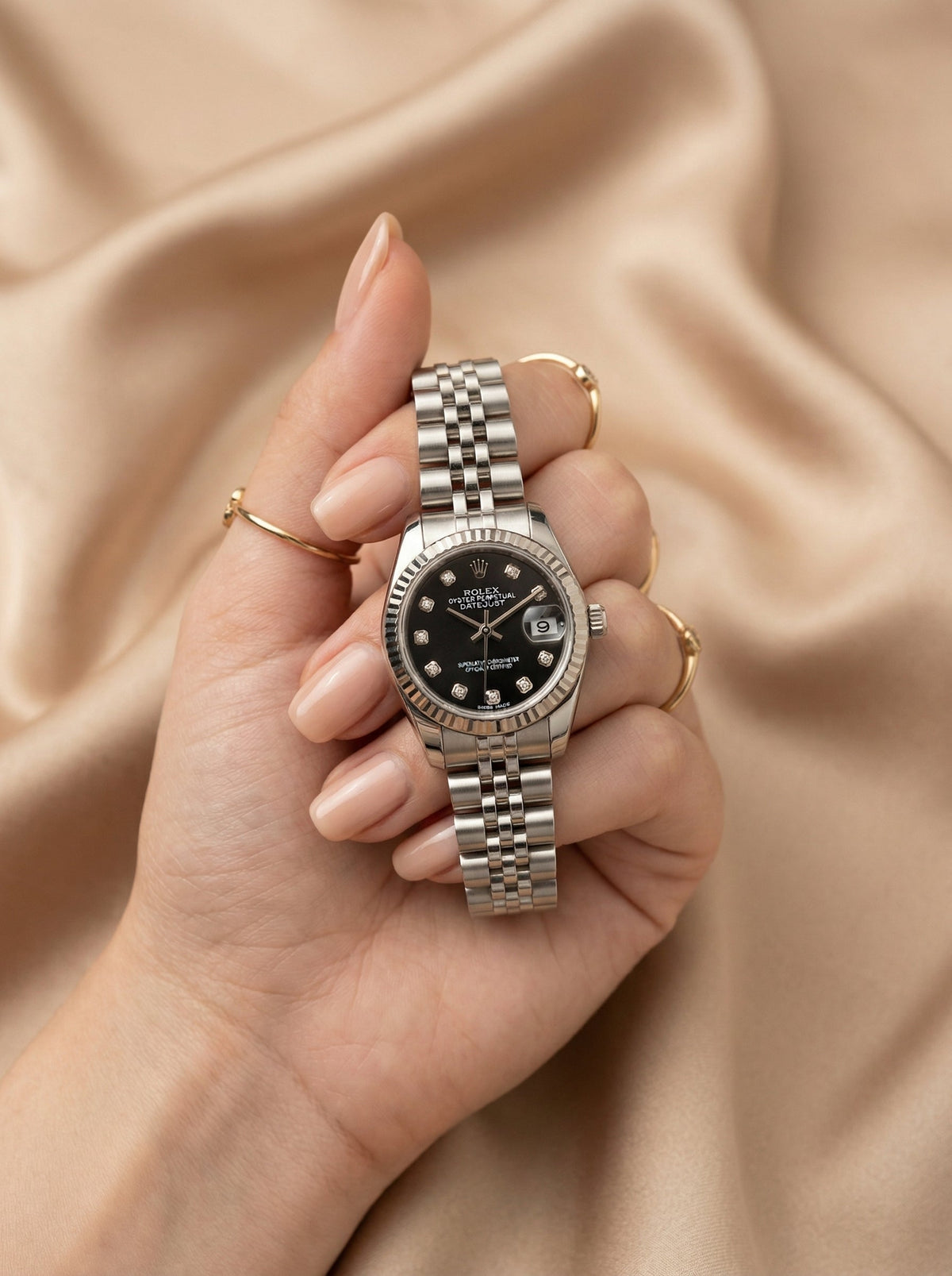 Rolex Date Oyster Black Dial Women Watch - Silver