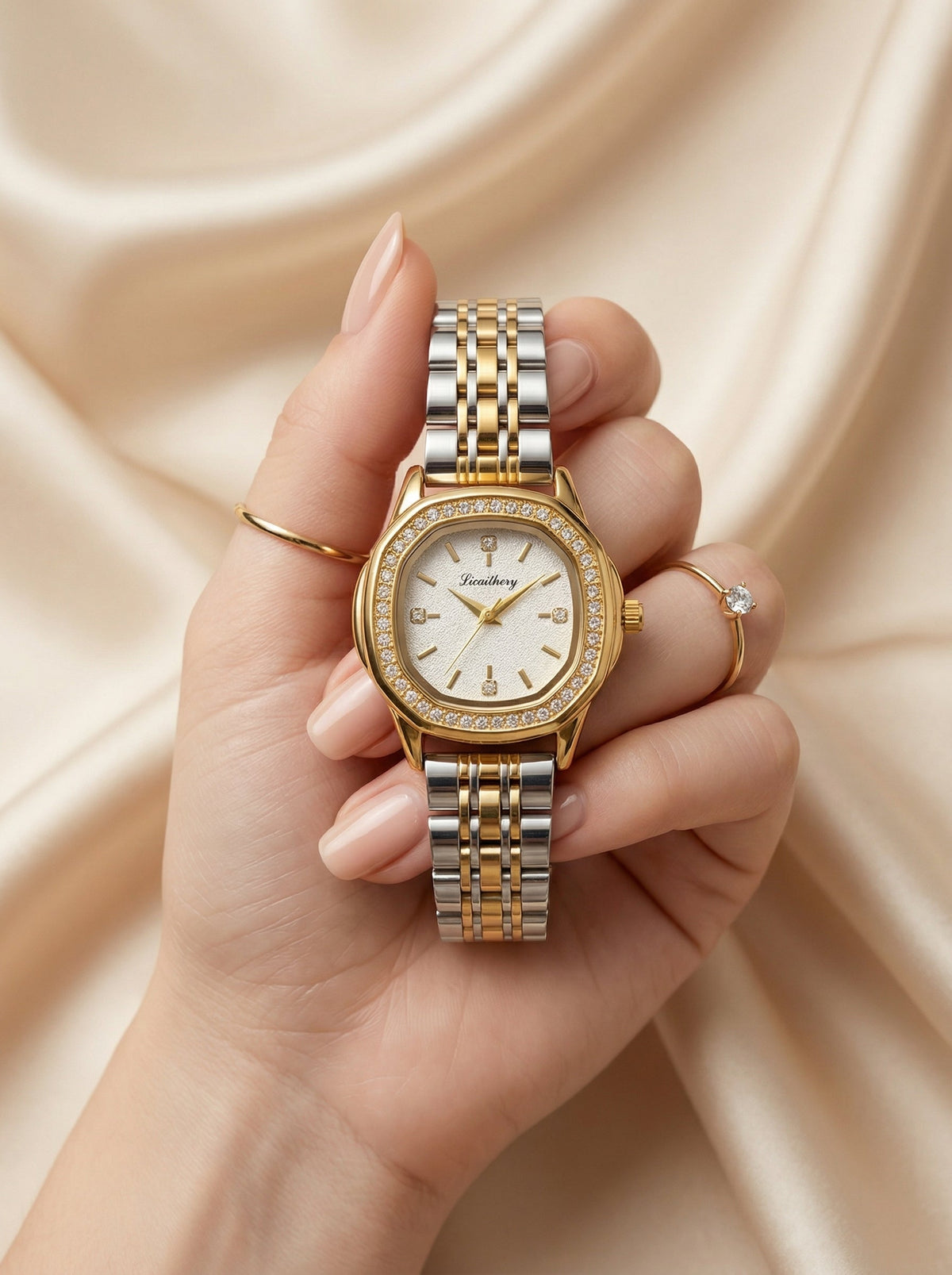 Square White Dial Women Watch- Two Tone