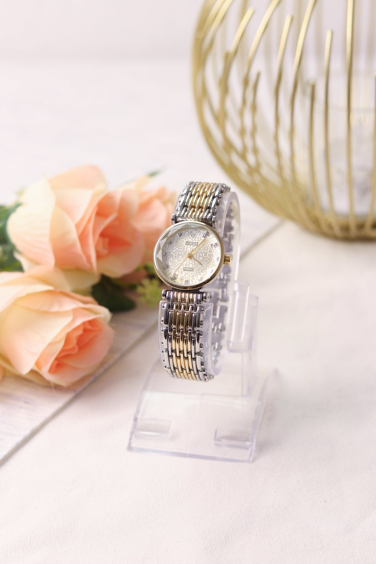 Ro-lex Two- Tone White Hour Women Watch