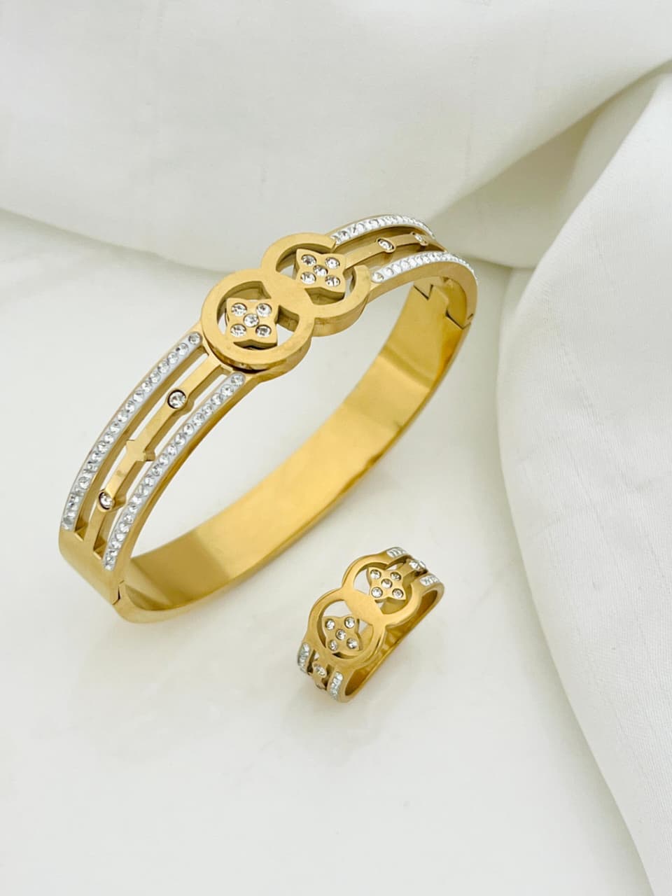 Signature Diamond Stainless Steel Bangle & Ring Set