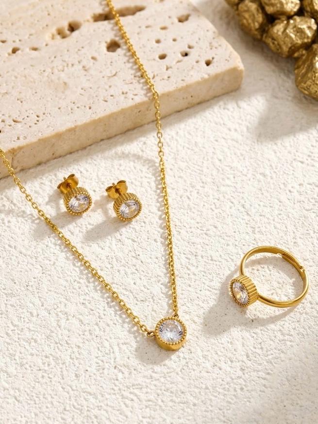 White Minimal Stainless Steel Jewellery Set With Adjustable Ring