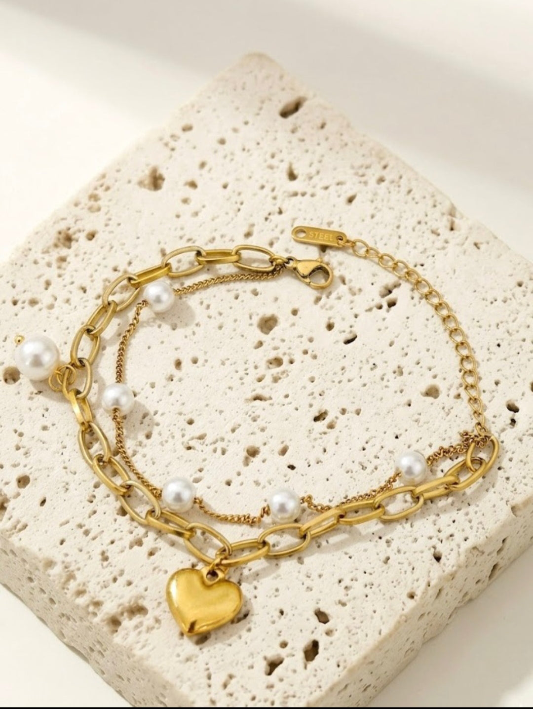 Heart And  White Stone Bracelet  Stainless Steel
