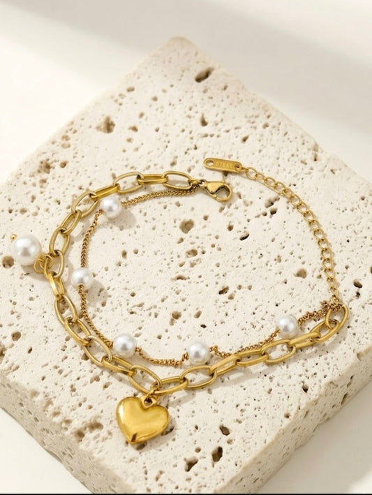 Heart And  White Stone Bracelet  Stainless Steel