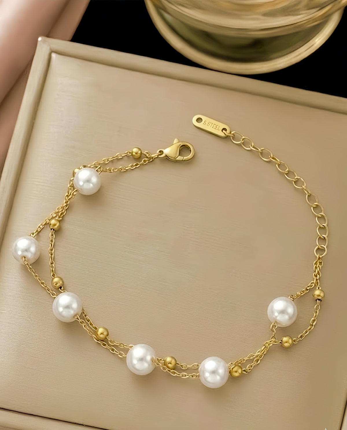 Gold With Pearl Stainless Steel Bracelet