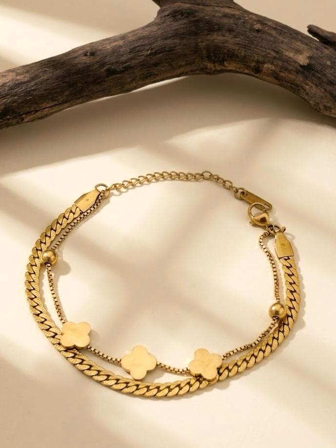 Gold With Clover Charm Stainless Steel Bracelet
