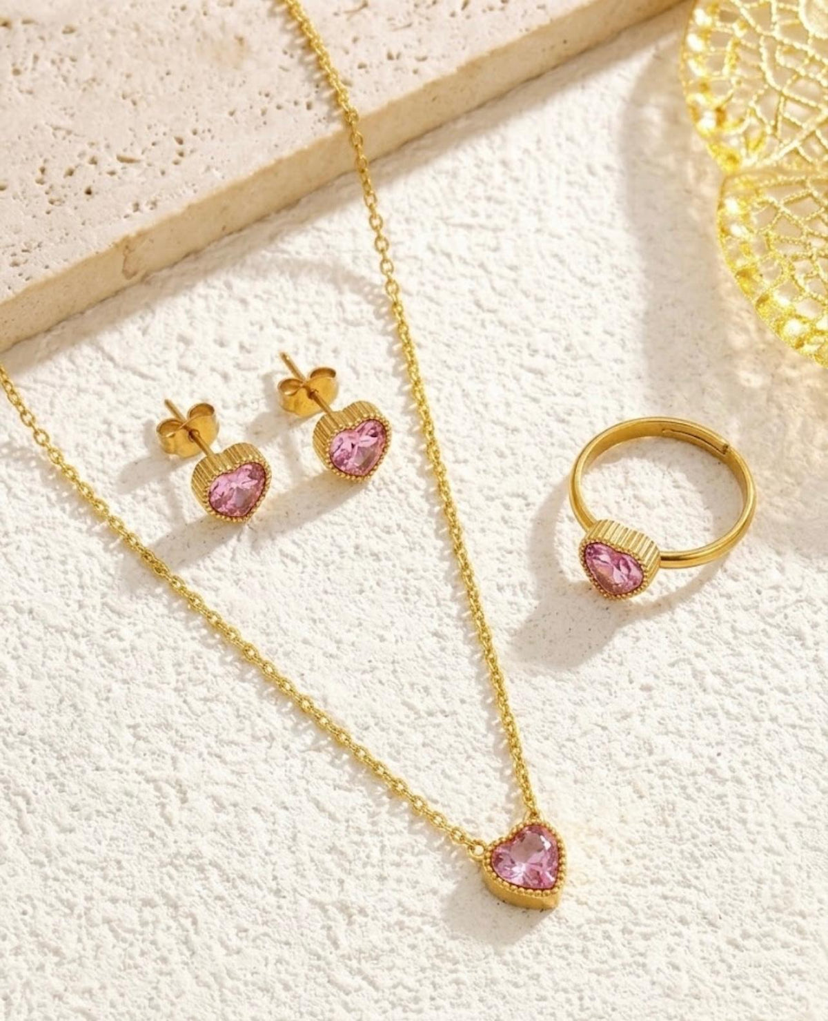 Pink Heart Stone Stainless Steel Jewellery Set