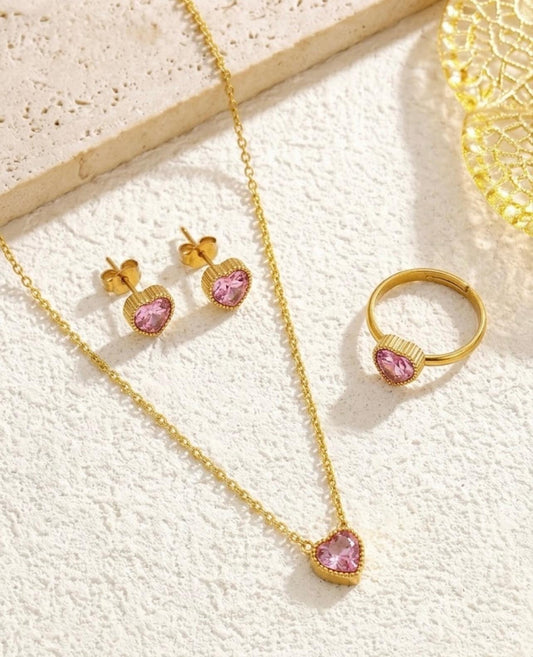 Pink Heart Stone Stainless Steel Jewellery Set