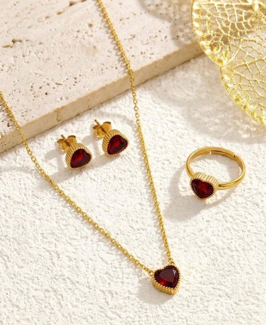 Red Heart Stone Stainless Steel Jewellery Set