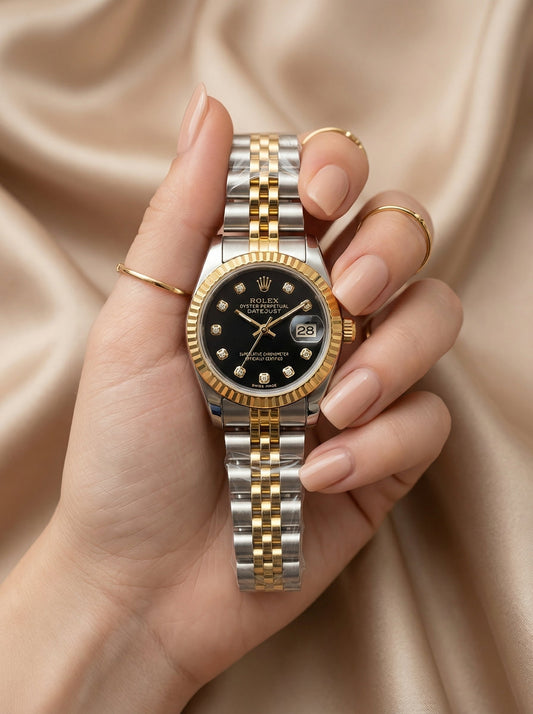 Rolex Date Oyster Black Dial Women Watch - Two Tone
