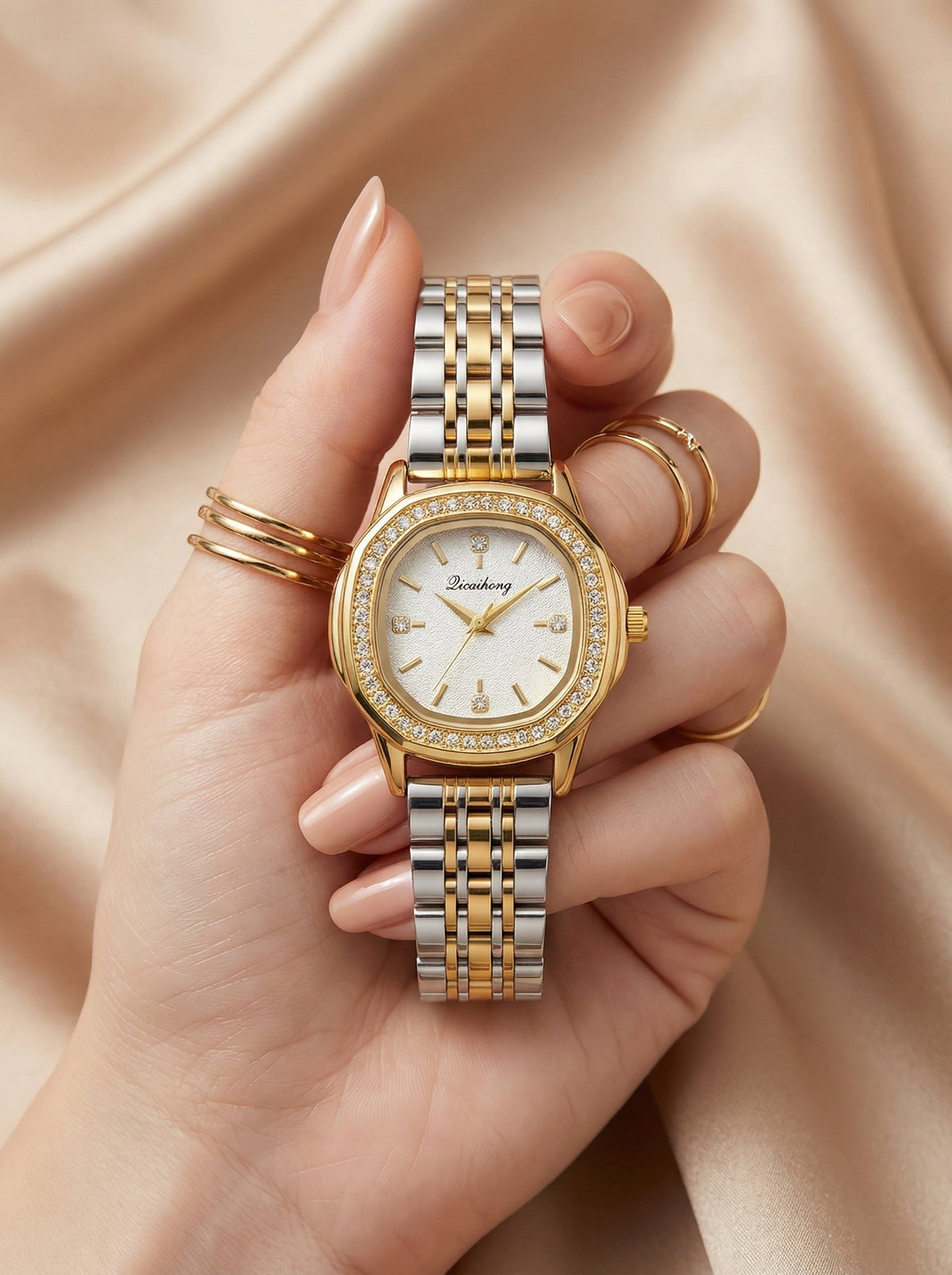 Square White Dial Women Watch- Two Tone