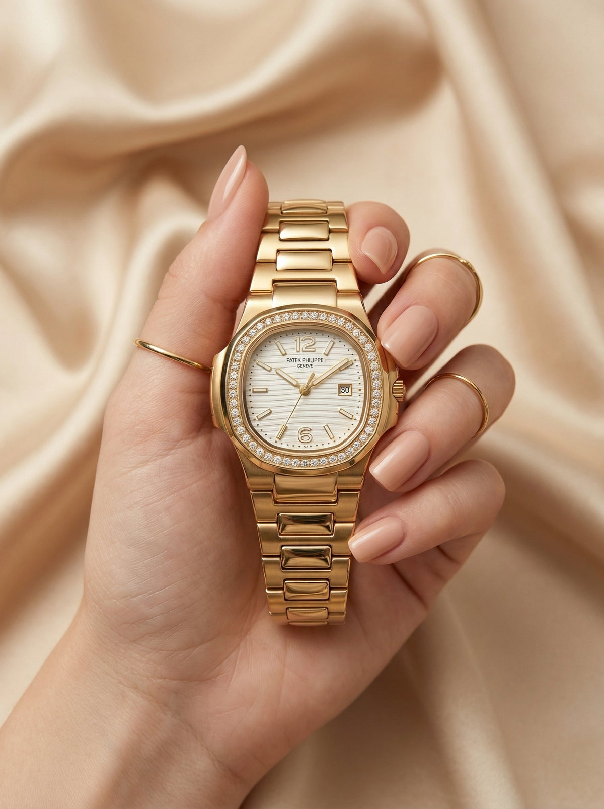 Patek philippe Square White Stone Dial Women Watch- Golden
