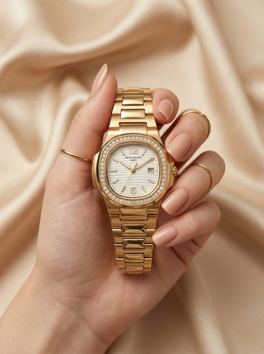 Patek philippe Square White Stone Dial Women Watch- Golden
