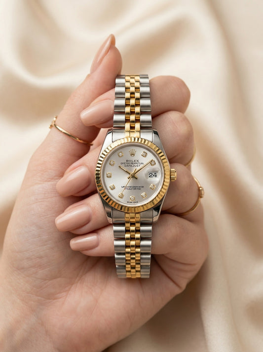 Rolex Date Oyster White Dial Women Watch - Two Tone