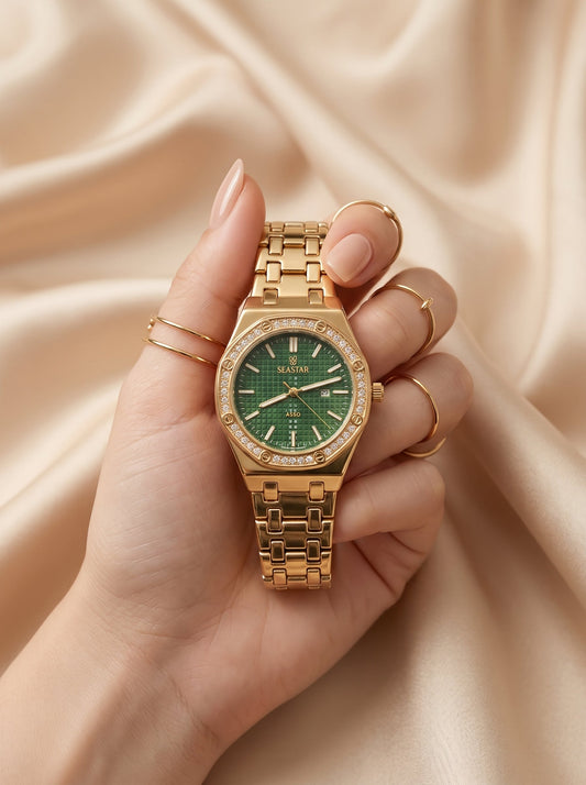 Seastar Golden Premium Women Watch (Green Dial)