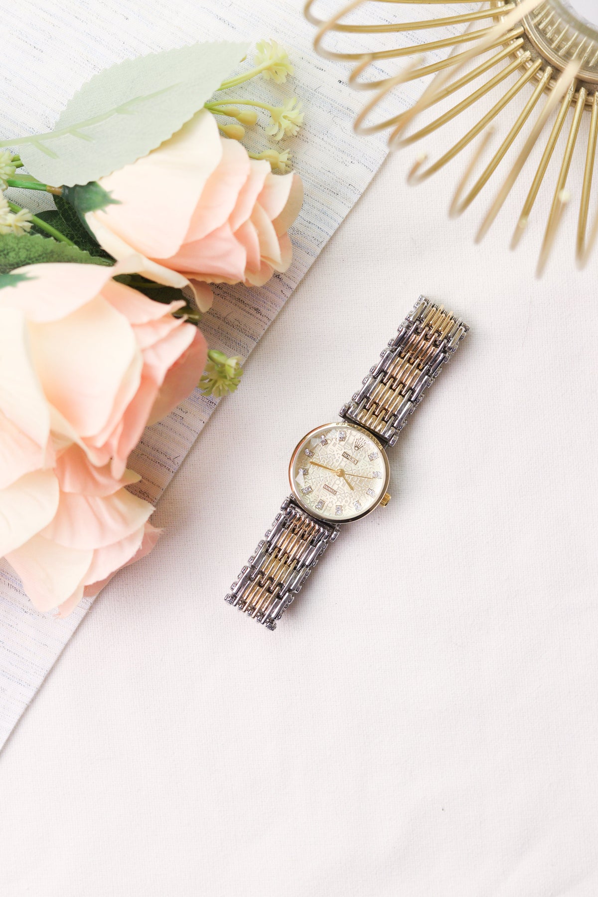 Ro-lex Two- Tone White Hour Women Watch