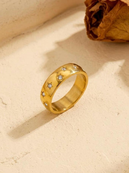 Gold Ring With Embbeded Diamonds Stainless Steel