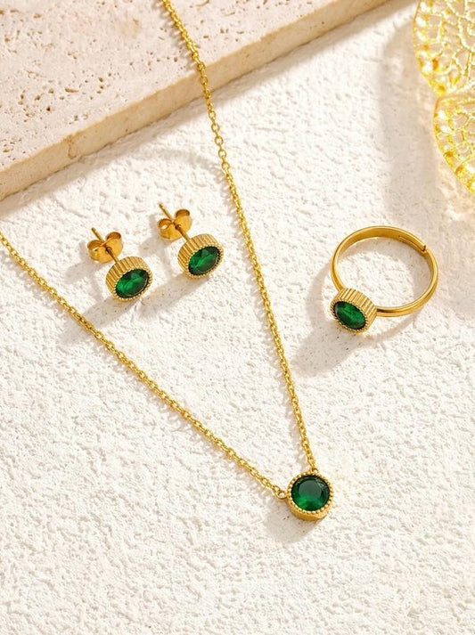 Green Minimal Stainless Steel Jewellery Set With Adjustable Ring