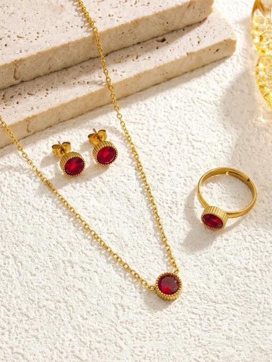 Red Minimal Stainless Steel Jewellery Set With Adjustable Ring