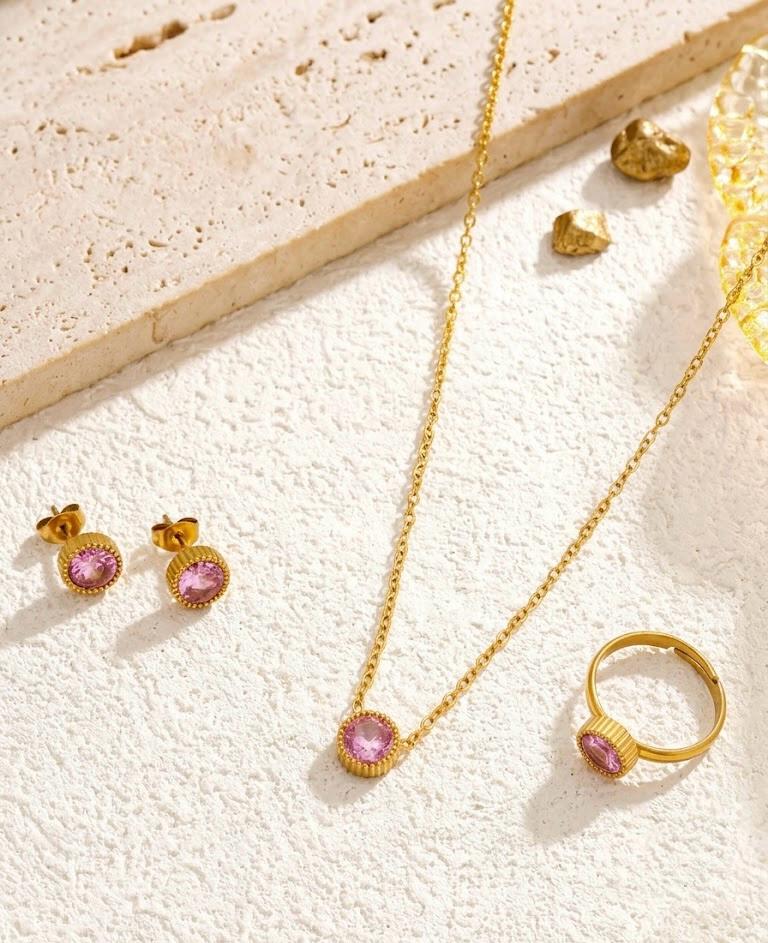 Pink Minimal Stainless Steel Jewellery Set With Adjustable Ring