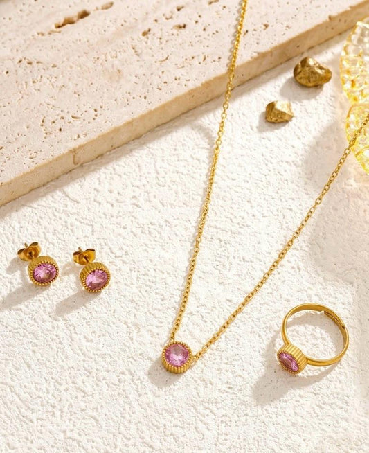 Pink Minimal Stainless Steel Jewellery Set With Adjustable Ring
