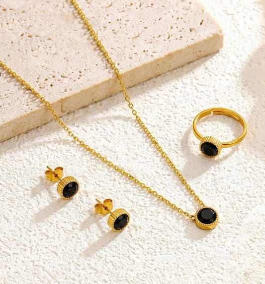 Black Minimal Stainless Steel Jewellery Set With Adjustable Ring