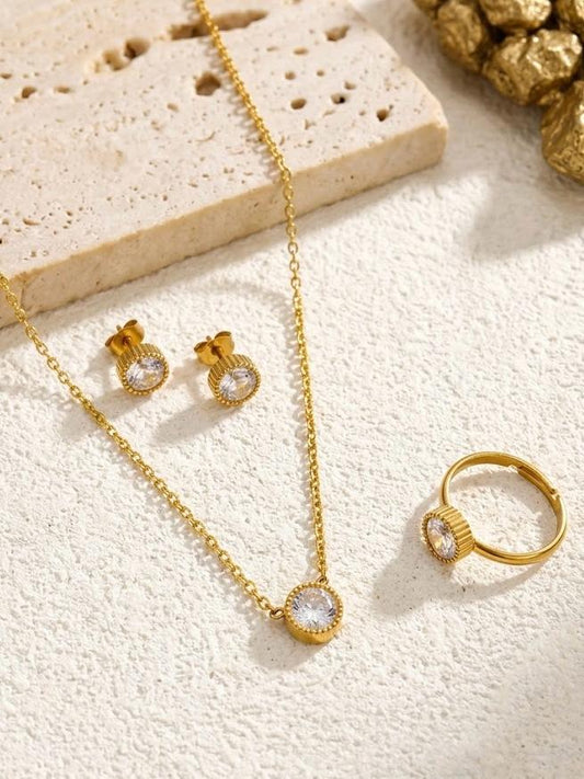 White Minimal Stainless Steel Jewellery Set With Adjustable Ring