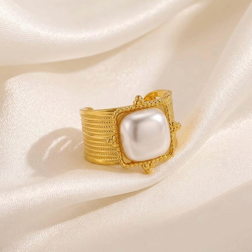 Gold Ring With Large Pearl Stainless Steel Adjustable